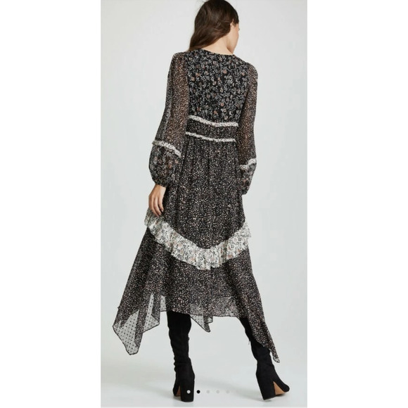 NEW! Ulla Johnson XS Primrose Dark Floral Silk Dress Boho Patchwork Long Sleeve - Picture 6 of 12